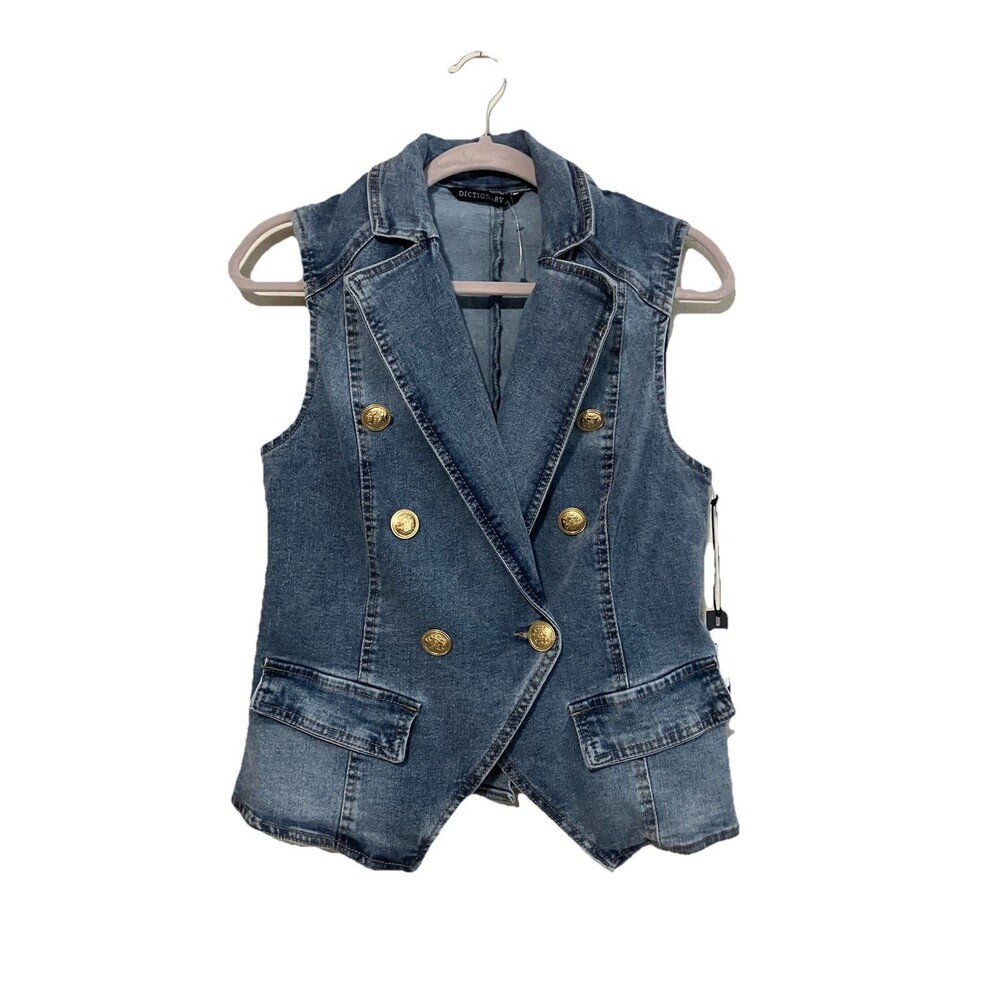 Dictionary Double-Breasted Denim Vest with Gold Buttons New Small